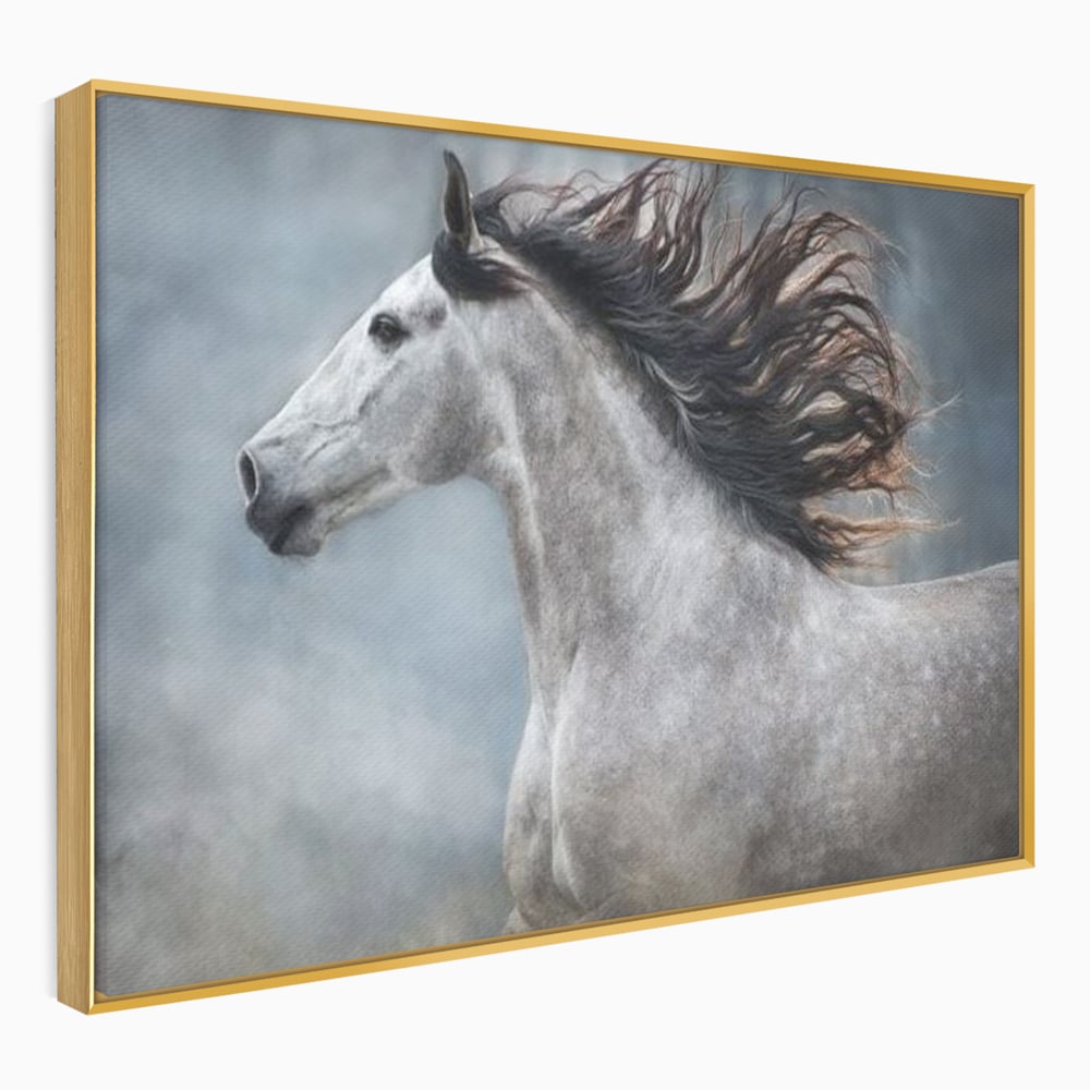Tablou canvas cu tablou canvas cu armasar in miscare, in rama de aluminiu auriu